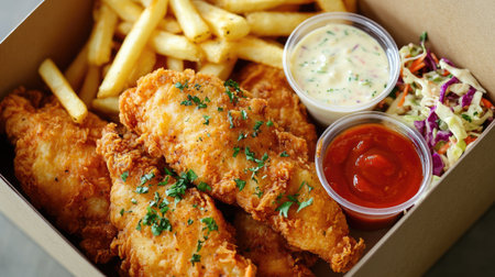 A box of chicken tenders with dipping sauces, accompanied by a side of coleslaw and fries.の素材