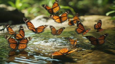 A cluster of butterflies gathered around a shallow pool of water, drinking in unison in a peaceful, natural setting.の素材