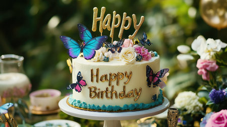 A birthday cake adorned with edible butterflies, flowers, and a golden "Happy Birthday" sign in an outdoor party setting.の素材