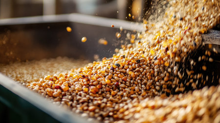 A close-up of mixed grains and seeds being poured into a trough, offering nutrient-rich feed for poultry.の素材