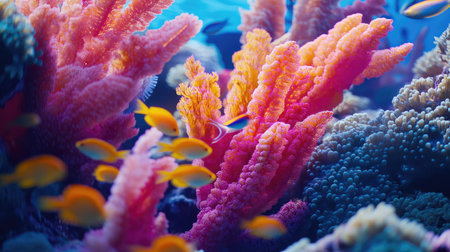 A close-up of colorful coral formations, with fish darting between the branches in a thriving underwater ecosystem.の素材