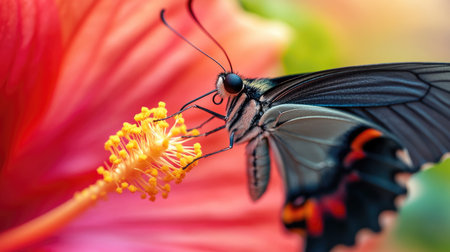 A close-up of a butterfly feeding on a bright red hibiscus flower, its delicate antennae in focus against the colorful petals.の素材