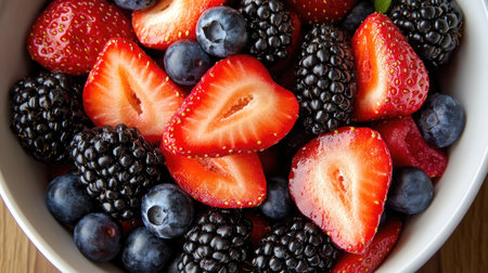 A bowl of mixed berry slices including strawberries, blackberries, and blueberries, with bright, vivid colors popping.の素材