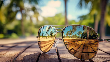 A close-up of mirrored aviator sunglasses on a wooden table, with palm trees reflecting in the lenses.の素材