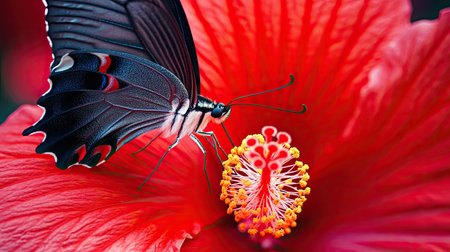 A close-up of a butterfly feeding on a bright red hibiscus flower, its delicate antennae in focus against the colorful petals.の素材