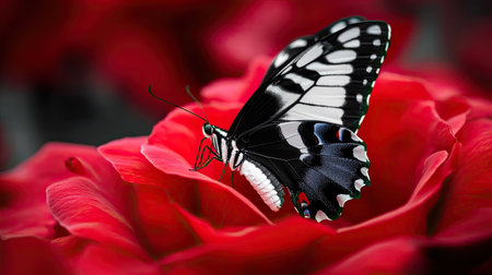 A black and white butterfly resting on a bright red rose, with the striking contrast creating a bold visual effect.の素材