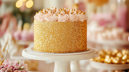 A cake stand displaying a birthday cake covered in gold dust and edible glitter, adding a touch of elegance to the celebration.の素材