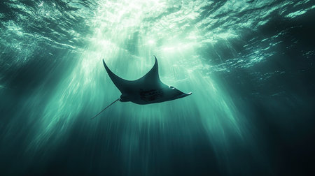 A manta ray gliding gracefully through the open sea, casting a shadow on the ocean floor below.の素材
