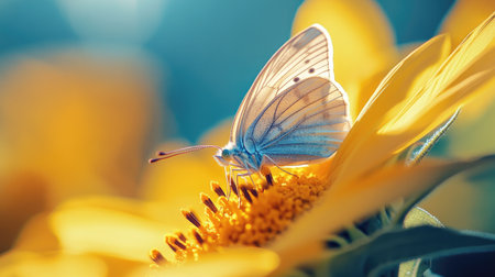 A close-up of a butterfly on a sunflower, its tiny legs gripping the petals as it enjoys the nectar.の素材