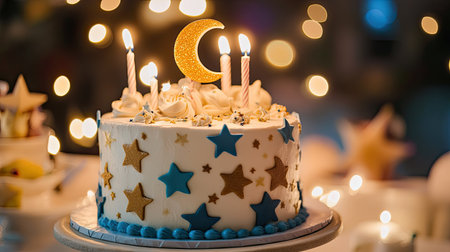 A birthday cake decorated with stars and a moon for a celestial-themed party, with soft lights in the background.の素材