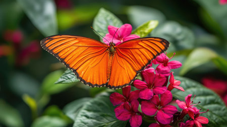 A bright orange butterfly spreading its wings while sitting on a vibrant pink flower in a lush garden.の素材