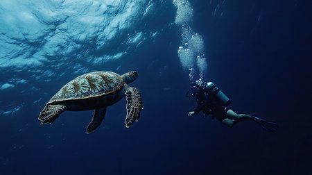 A diver swimming alongside a giant sea turtle in the deep blue ocean, both moving effortlessly through the water.の素材