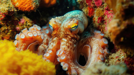 A close-up of an octopus blending into its environment with perfect camouflage, hiding among the rocks and corals.の素材