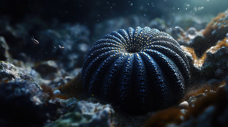 A close-up of a sea urchin nestled among rocks on the ocean floor, with tiny fish swimming nearby.の素材