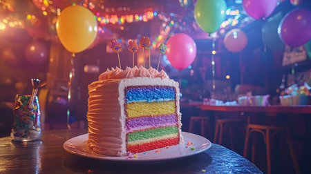 A cake with a rainbow-colored interior, surrounded by balloons and party decorations in a lively room.の素材