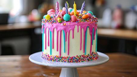 A bright and colorful birthday cake with dripping icing, covered in sprinkles and candy, creating a fun, eye-catching look.の素材