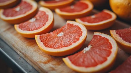 A close-up of grapefruit slices on a cutting board, with their bold pink interiors contrasting against the rind.の素材