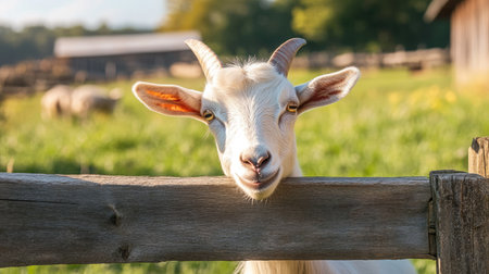 A curious goat peeking through a wooden fence in a sunny barnyard, with a field of green grass behind.の素材
