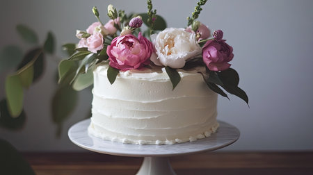 A minimalist birthday cake with clean lines, white frosting, and fresh flowers, perfect for a modern celebration.の素材