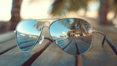 A close-up of mirrored aviator sunglasses on a wooden table, with palm trees reflecting in the lenses.の素材