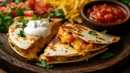 A cheesy quesadilla with melted cheese oozing out, served with salsa and sour cream for dipping.の素材