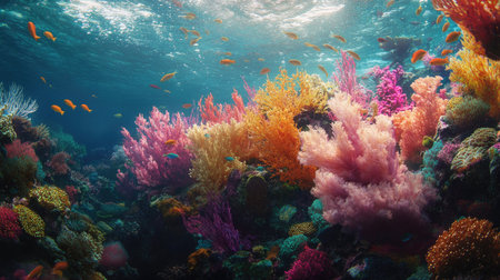 A colorful underwater garden of soft corals, swaying gently with the ocean current, teeming with small fish.の素材