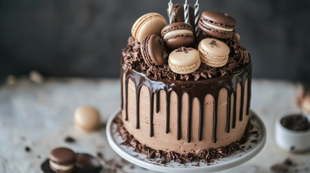 A chocolate drip cake topped with macarons, creating a luxurious look for a sophisticated birthday celebration.の素材