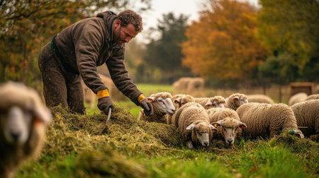 A farm worker spreading freshly chopped forage for sheep, promoting sustainable and organic feeding methods.の素材