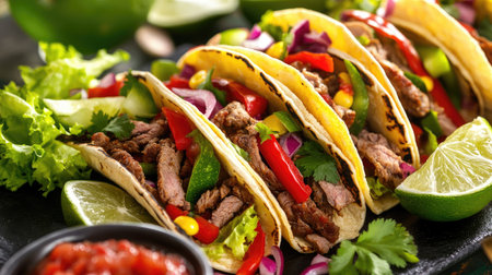 A colorful assortment of tacos filled with beef, chicken, and fresh veggies, served with lime wedges and salsa.の素材