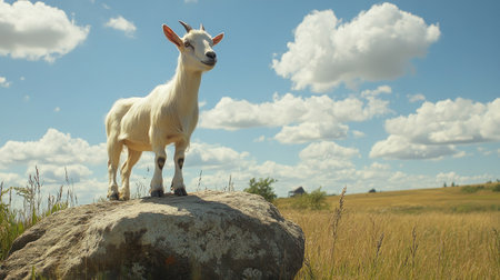 A goat standing on a large rock in a sunny field, looking over the farm with curiosity.の素材