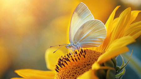 A close-up of a butterfly on a sunflower, its tiny legs gripping the petals as it enjoys the nectar.の素材