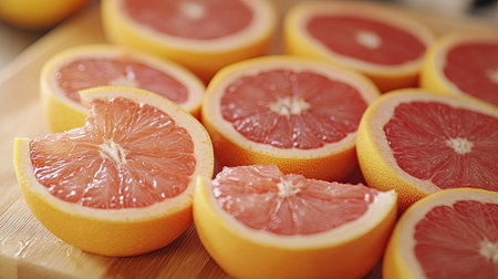 A close-up of grapefruit slices on a cutting board, with their bold pink interiors contrasting against the rind.の素材