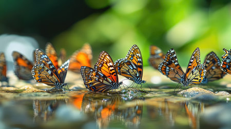 A cluster of butterflies gathered around a shallow pool of water, drinking in unison in a peaceful, natural setting.の素材