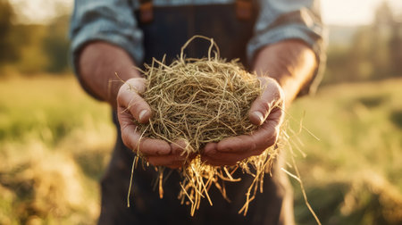 A farmer holding a handful of freshly cut hay, rich in nutrients, ready to feed cattle on a sunny day.の素材
