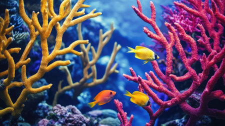 A close-up of colorful coral formations, with fish darting between the branches in a thriving underwater ecosystem.の素材
