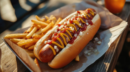 A hot dog topped with mustard, ketchup, and onions, served with a side of crispy fries on a sunny outdoor table.の素材