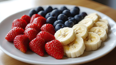A mix of sliced strawberries, bananas, and blueberries on a white plate, ready for a healthy breakfast.の素材