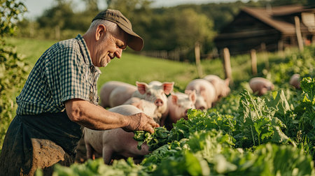 A farmer feeding pigs fresh vegetables and grain, providing a balanced and nutritious meal for optimal growth.の素材