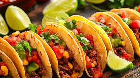 A colorful assortment of tacos filled with beef, chicken, and fresh veggies, served with lime wedges and salsa.の素材