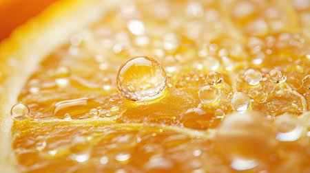A close-up of a juicy orange slice with a few droplets of juice on it, radiating freshness and tang.の素材