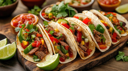 A colorful assortment of tacos filled with beef, chicken, and fresh veggies, served with lime wedges and salsa.の素材
