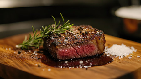 A medium-rare steak served on a wooden board, garnished with rosemary, coarse salt, and cracked black pepper.の素材