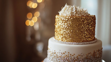 A glittering cake with gold and silver accents, perfect for a milestone birthday or elegant celebration.の素材