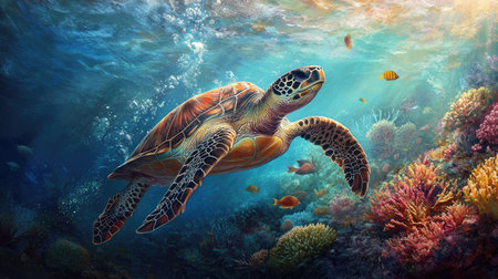 A majestic sea turtle swimming gracefully through the ocean, with coral reefs and fish in the background.の素材