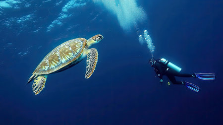 A diver swimming alongside a giant sea turtle in the deep blue ocean, both moving effortlessly through the water.の素材