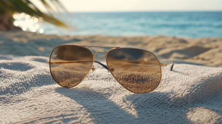 A pair of sleek aviator sunglasses resting on a beach towel, with a view of the ocean in the background.の素材