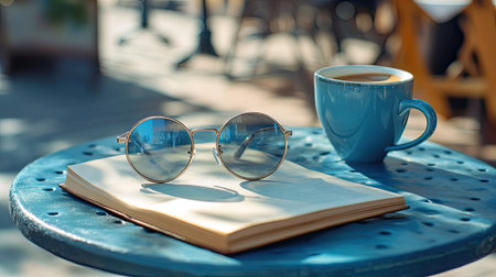 A modern pair of round sunglasses with clear lenses, placed next to a book and a cup of coffee in a cozy outdoor cafe setting.の素材