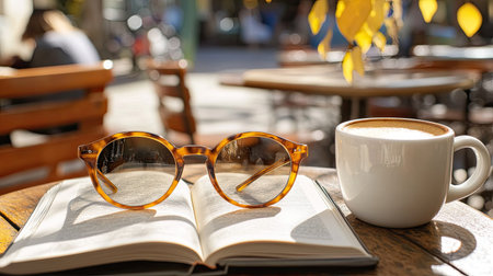 A modern pair of round sunglasses with clear lenses, placed next to a book and a cup of coffee in a cozy outdoor cafe setting.の素材