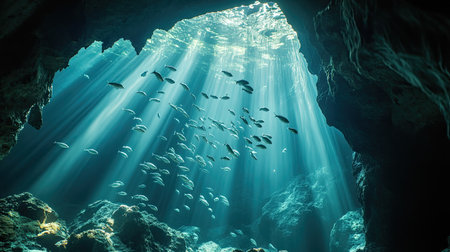 A school of silverfish darting through an underwater cave, illuminated by soft sunlight filtering in from above.の素材