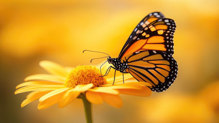 A monarch butterfly perched on a blooming daisy, its orange wings contrasting beautifully with the bright yellow petals.の素材